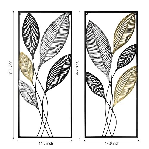 Metal Wall Art Set of 2 Leaf Decor 14x35in K7m