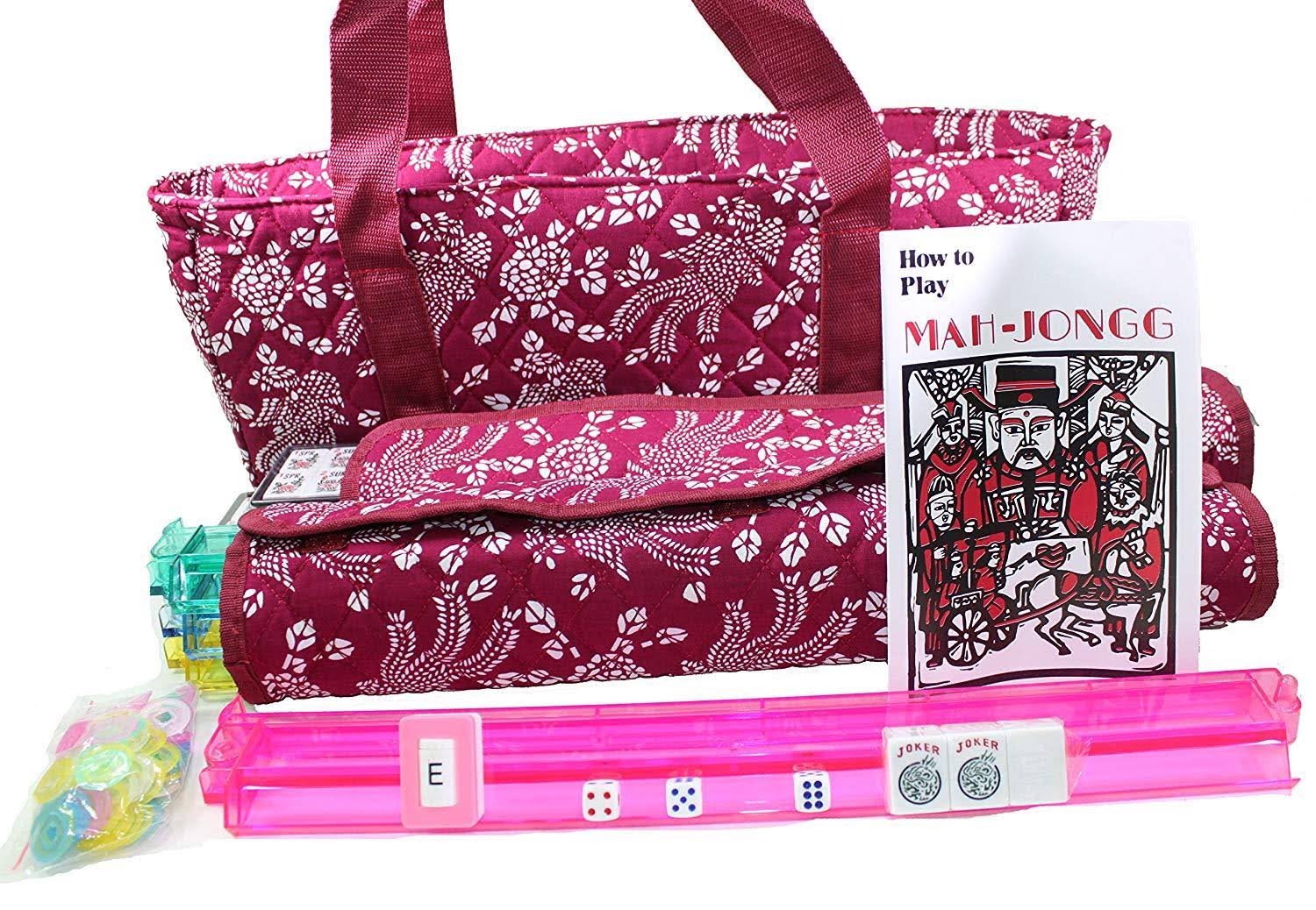 166 Tiles Mahjong Set Violet Red Soft Bag 4 Color Racks Easy Carry q7