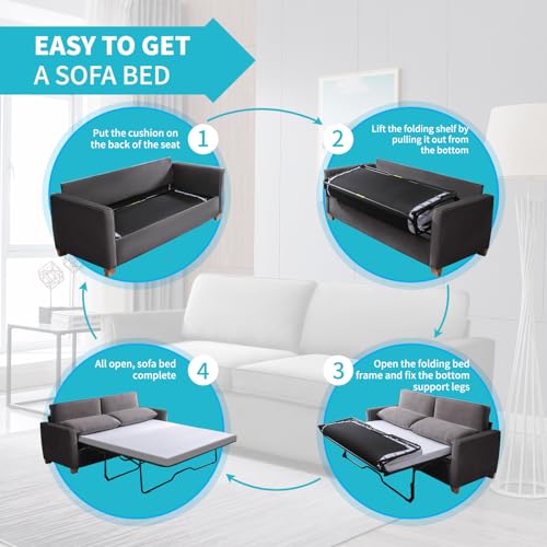 Queen Pull Out Sofa Bed 2-in-1 Convertible Sleeper Couch Beige a7