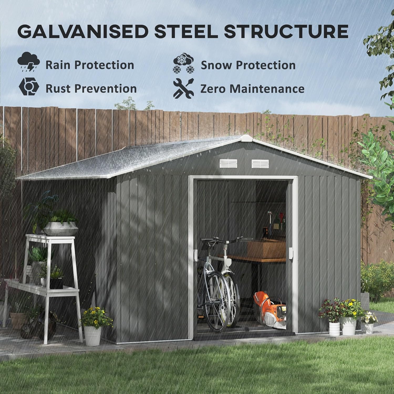 Outdoor Storage Shed 11x9 ft with Foundation Kit and Sliding Doors G7