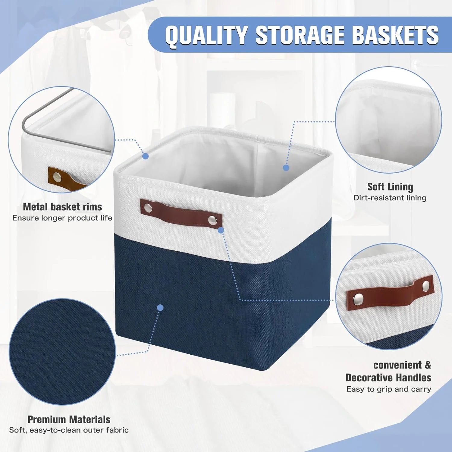 Cube Storage Baskets 6 Pack Foldable with Handles White Blue a7