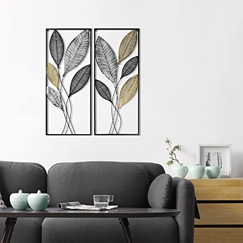 Metal Wall Art Set of 2 Leaf Decor 14x35in K7m