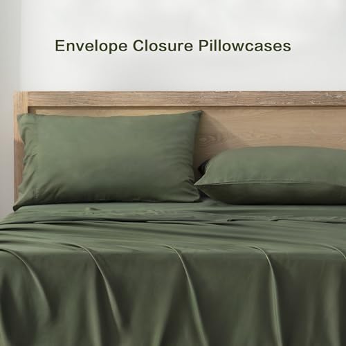 Queen Sheets Set, Cooling Bamboo Bedding, Deep Pocket, Dark Green K7