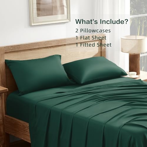 Queen Sheets Set, Cooling Bamboo Bedding, Deep Pocket, Dark Green K7