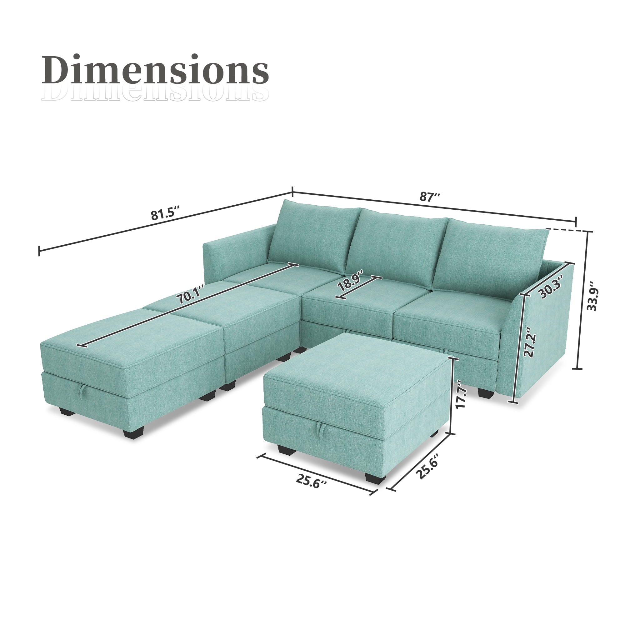 Modern Convertible Fabric Sleeper Sectional Sofa Bed with Storage Ottomans Aqua Blue k7