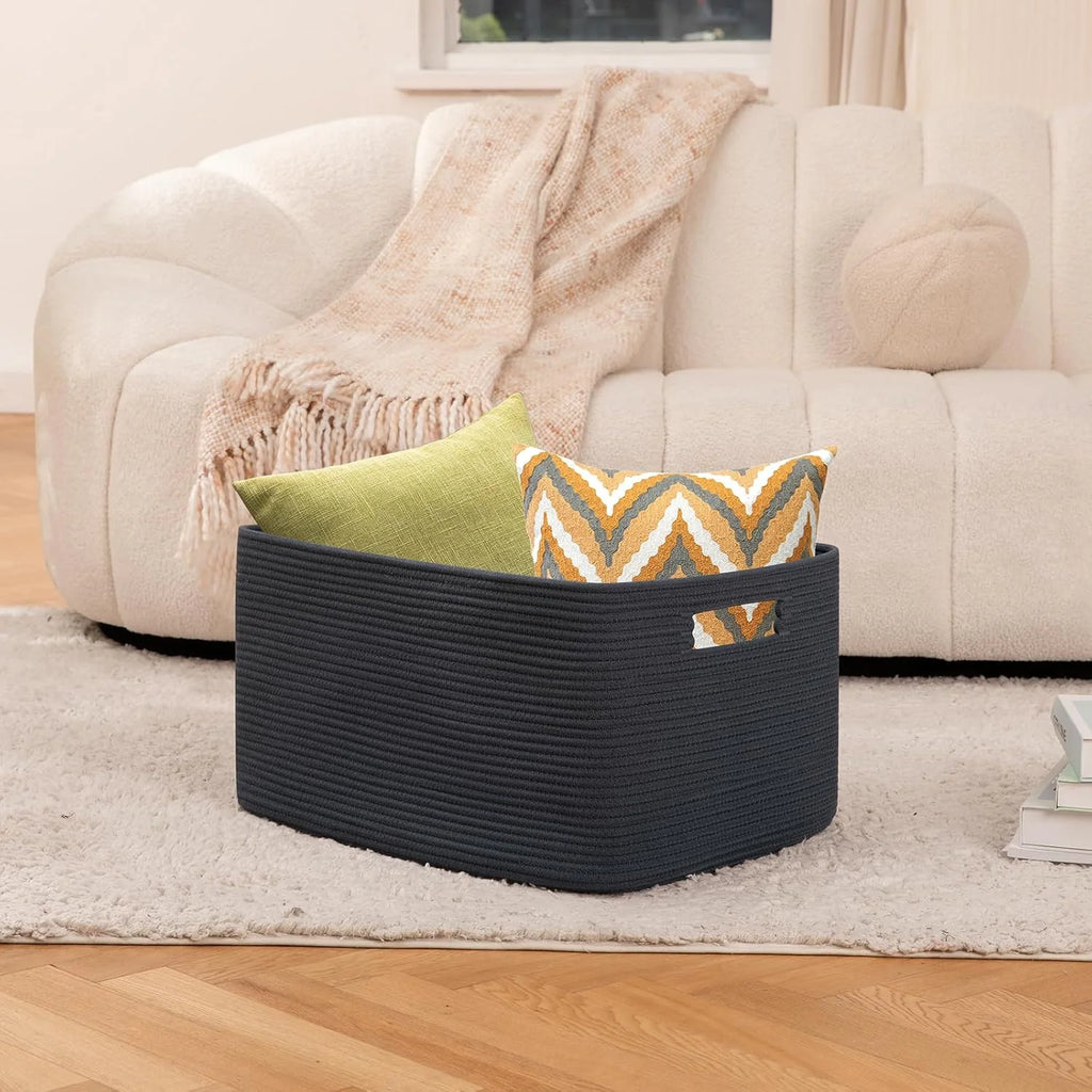 Woven Blanket Storage Basket with Handles 75L a7