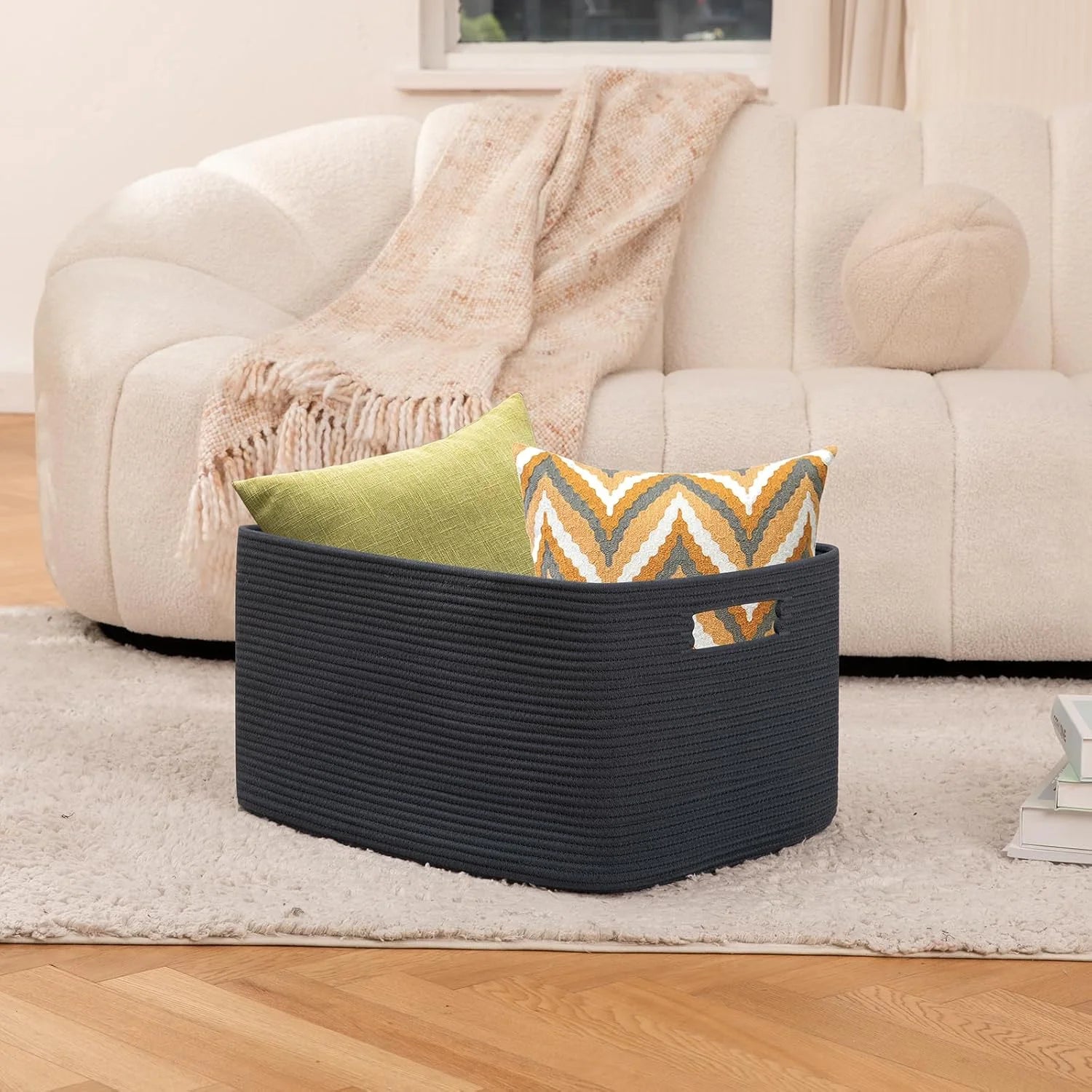 Woven Blanket Storage Basket with Handles 75L a7