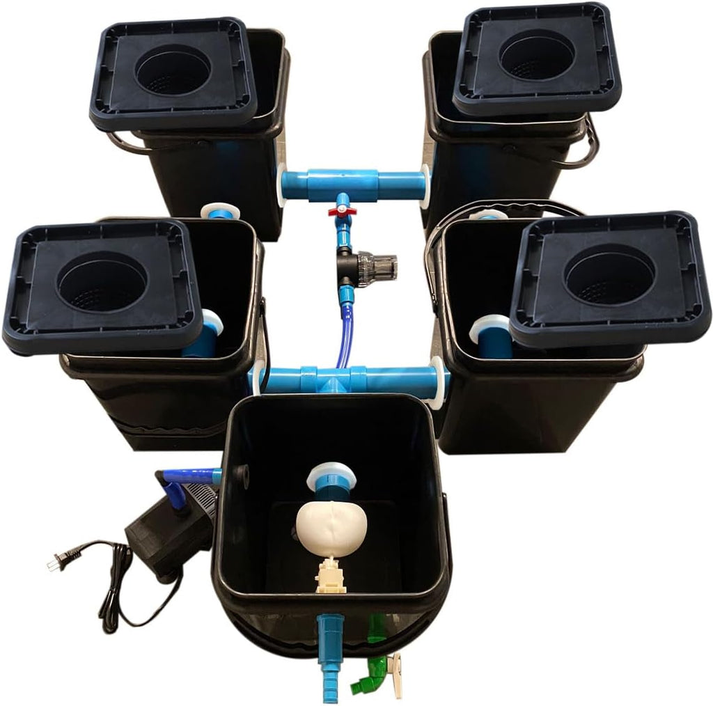 HYDROPONICS Earth,4+1 RDWC Full Set, Recirculating Deep Water Culture RDWC Hydroponics Grow System, 20L, 4 Sites with Connected Reservoir, Black, rdwc2in41
