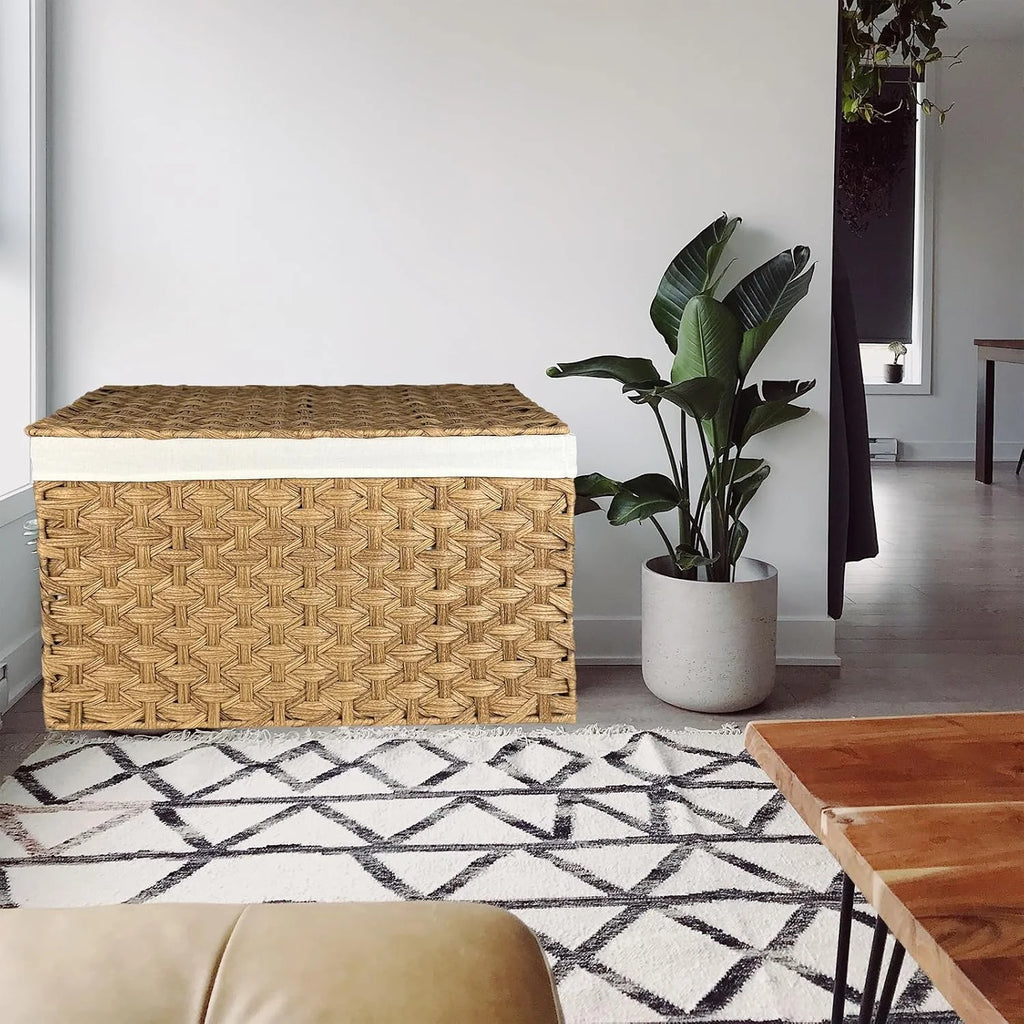 Wicker Storage Basket with Lid, 105L, Foldable, Brown K7m