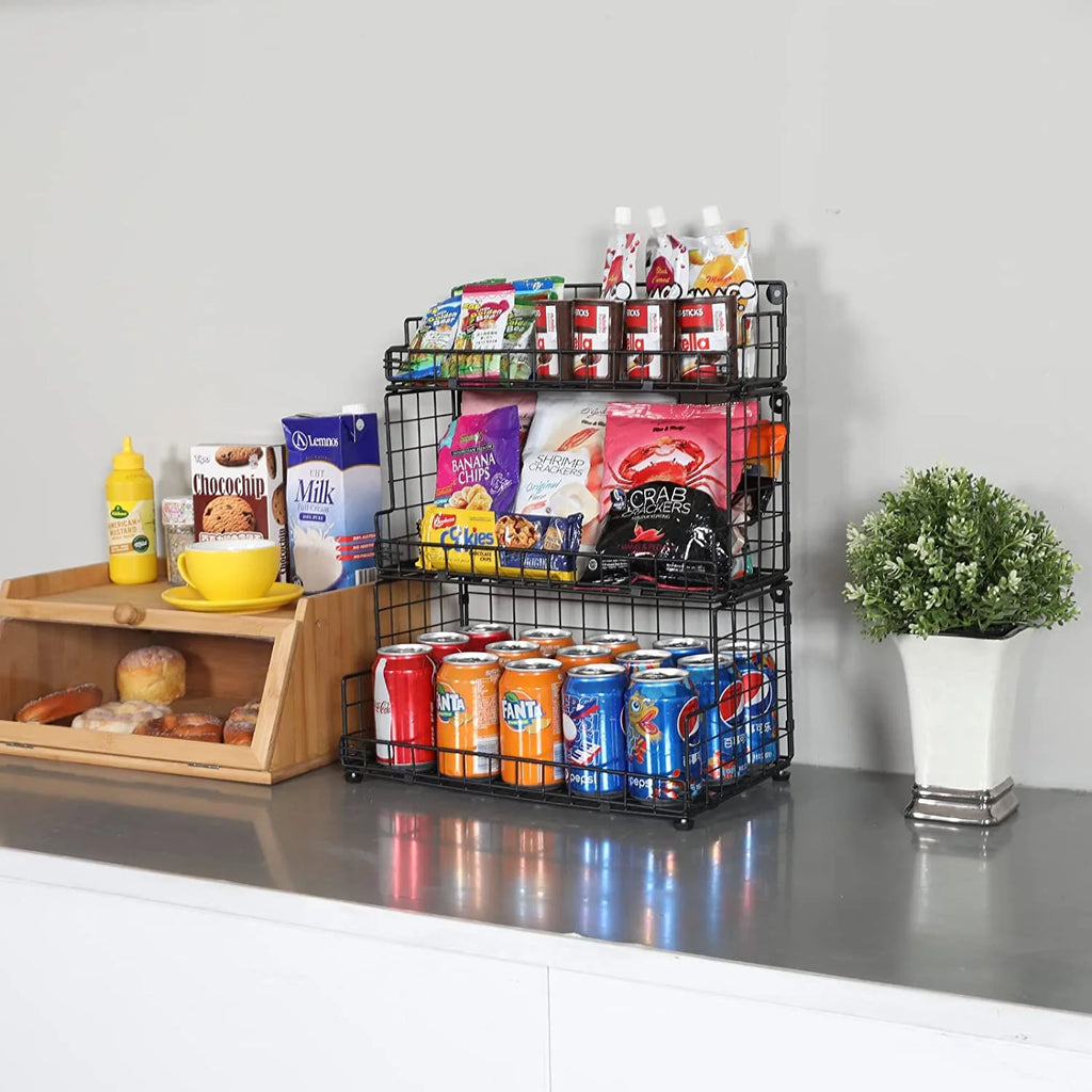 Tiered Snack Organizer with Wood Top, Metal Basket a7
