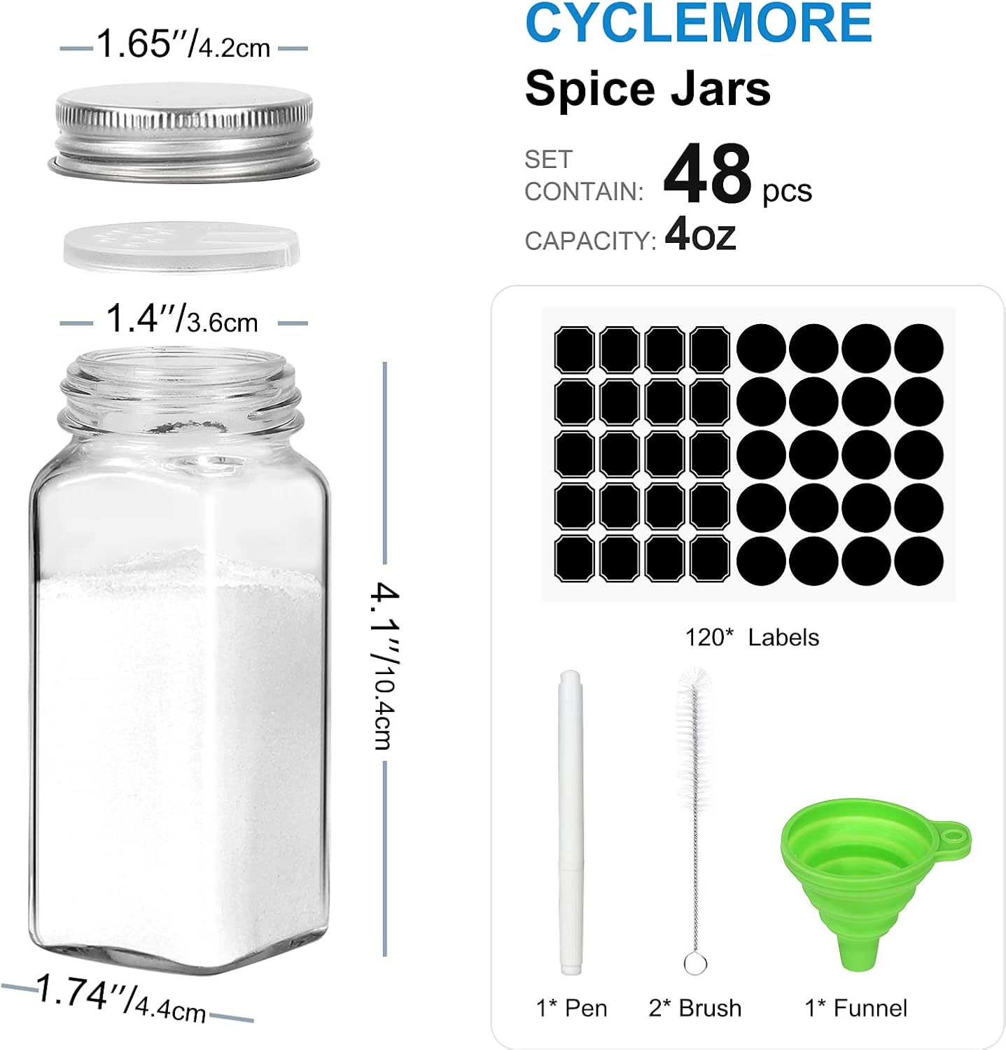 Glass Spice Jars 4oz with Metal Caps & Shaker Lid A7