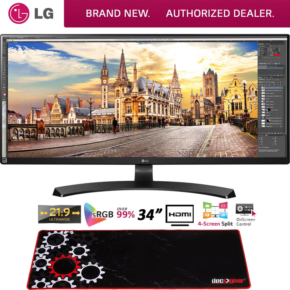 LG 34UM68-P 34" 21:9 UltraWide FreeSync(2560 x1080) IPS Monitor with Bonus Deco Gear Large Extended Gaming Mouse Pad - Curated Treasures Market