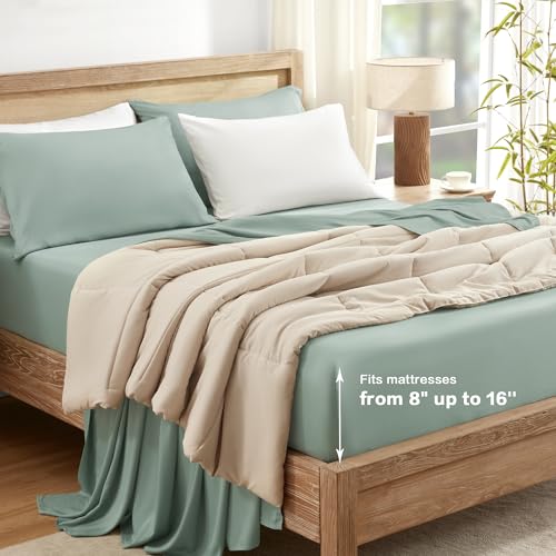 Queen Sheets Set, Cooling Bamboo Bedding, Deep Pocket, Dark Green K7