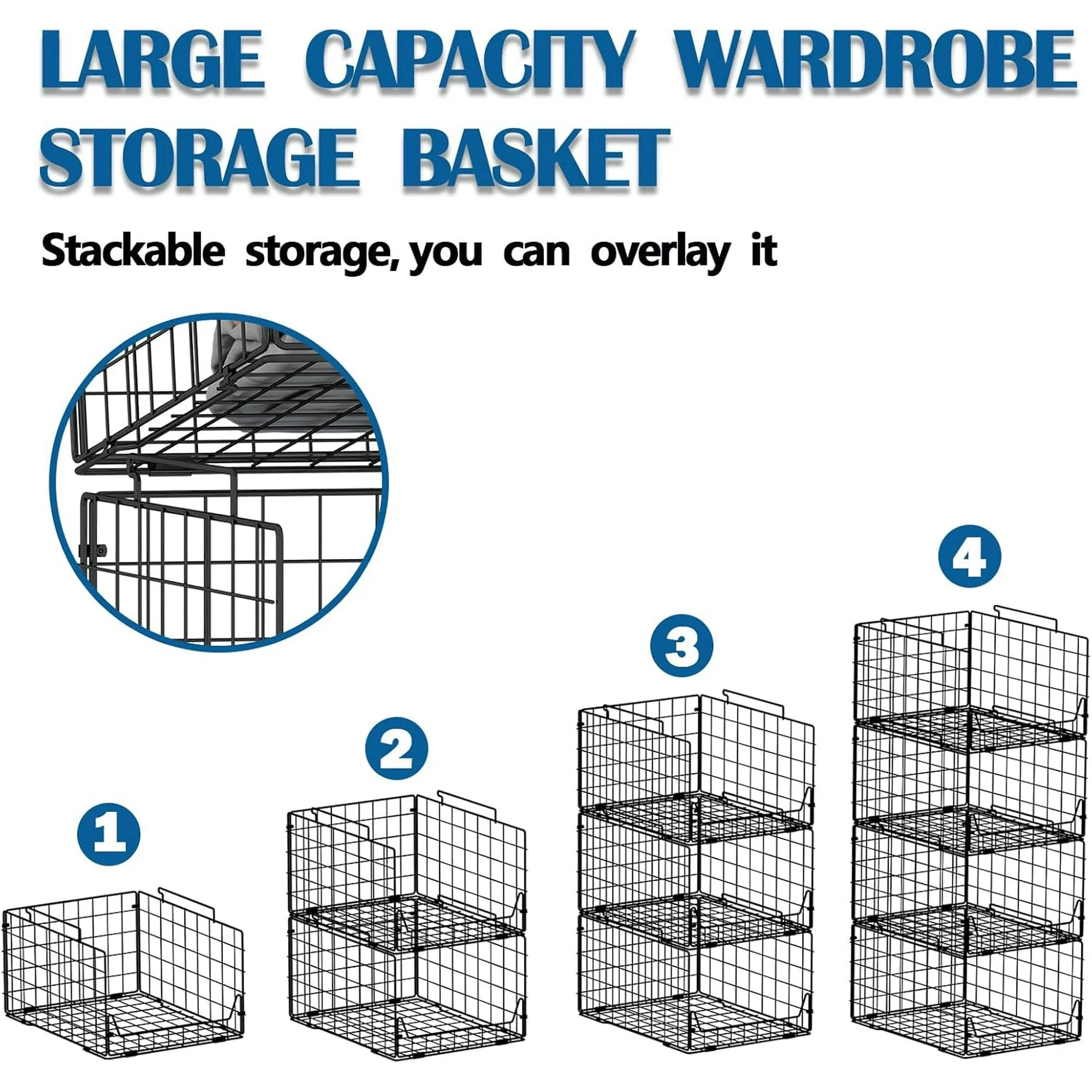 Stackable Closet Organizers 4 Pack, Metal Storage Bins, Black A7