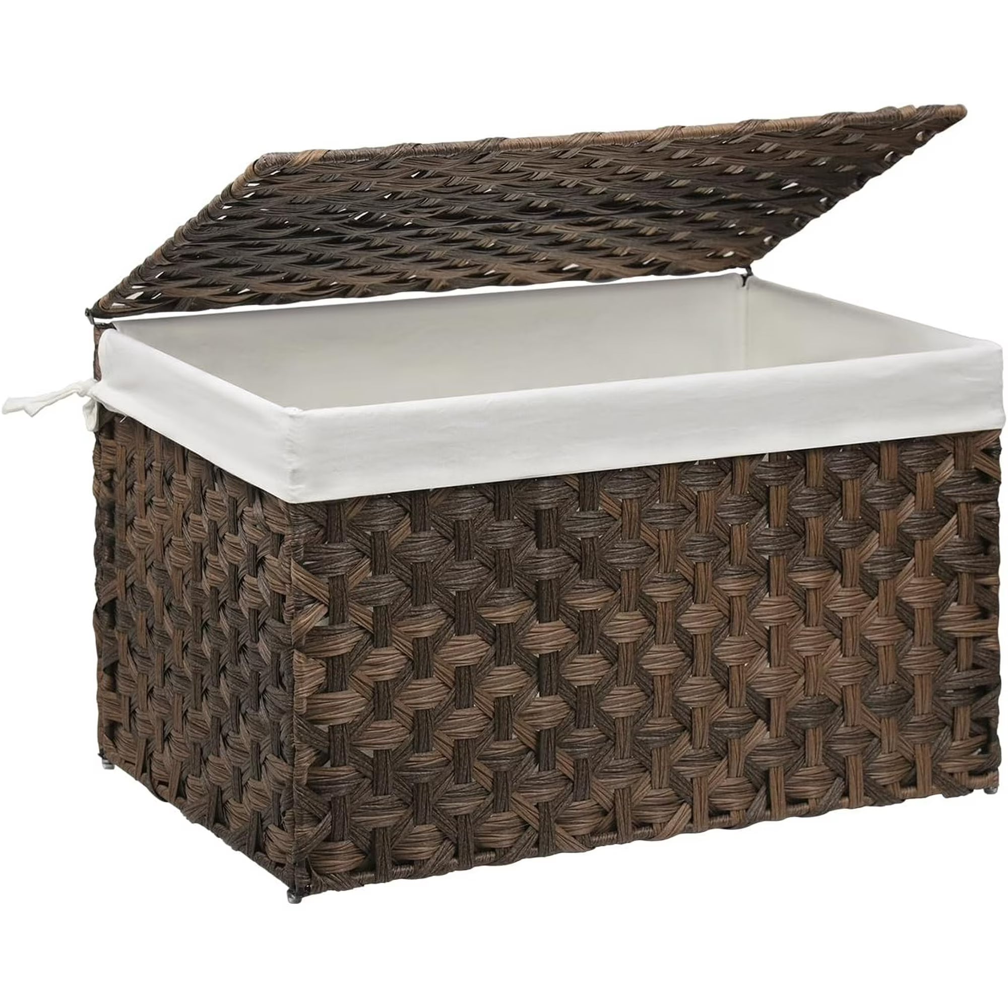 Wicker Storage Basket with Lid, 27.7 Gallon (105L) Large Blanket Basket with Lid, Woven Storage Bin with Handles, Removable Liner, Metal Frame, Foldable, for Bedroom, Laundry Room, Brown