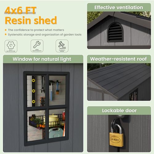 Plastic Outdoor Storage Shed 4x6 FT with Window and Lockable Door w7