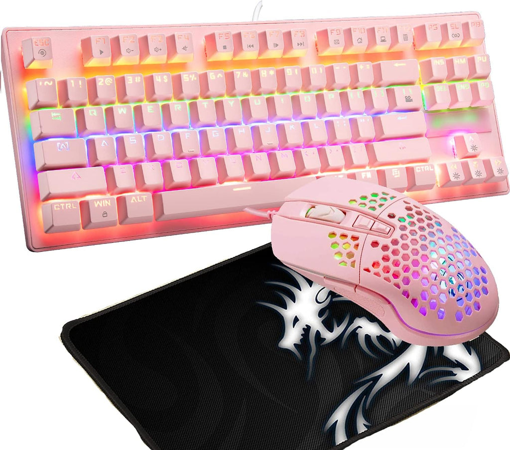 Wired Rainbow LED Backlit 87 Key Gaming Keyboard with Mouse and Pad k7