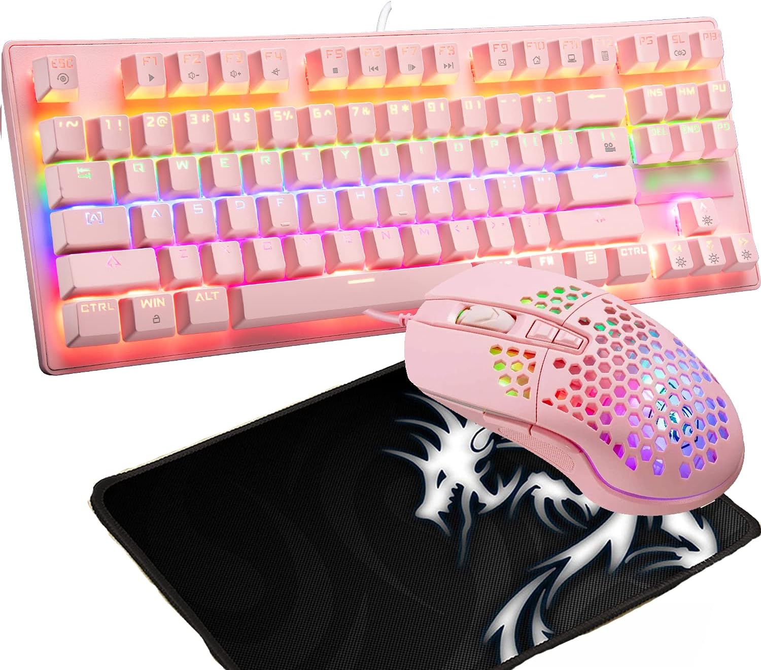 Wired Rainbow LED Backlit 87 Key Gaming Keyboard with Mouse and Pad k7
