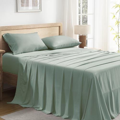 Queen Sheets Set, Cooling Bamboo Bedding, Deep Pocket, Dark Green K7