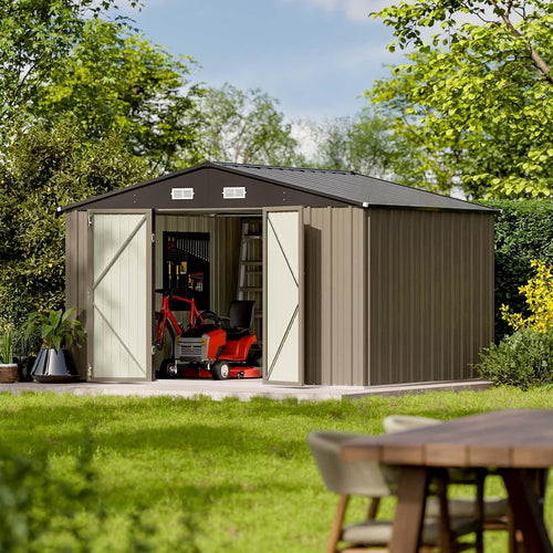 10 x 8 FT Outdoor Storage Shed, Metal Garden Tool Shed with Sloping Roof a7