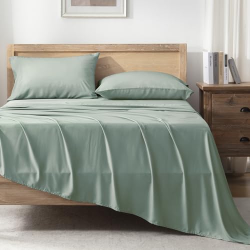 Queen Sheets Set, Cooling Bamboo Bedding, Deep Pocket, Dark Green K7