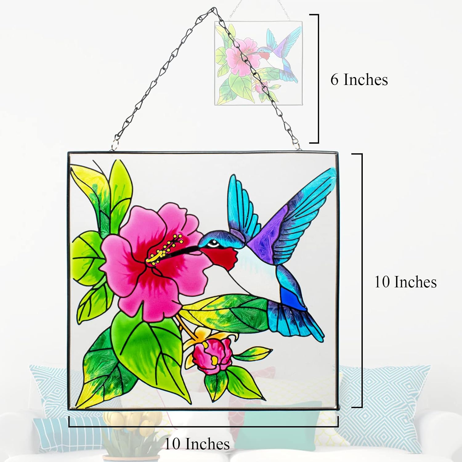 Stained Glass Hummingbird Suncatcher with Metal Chain Decor k7