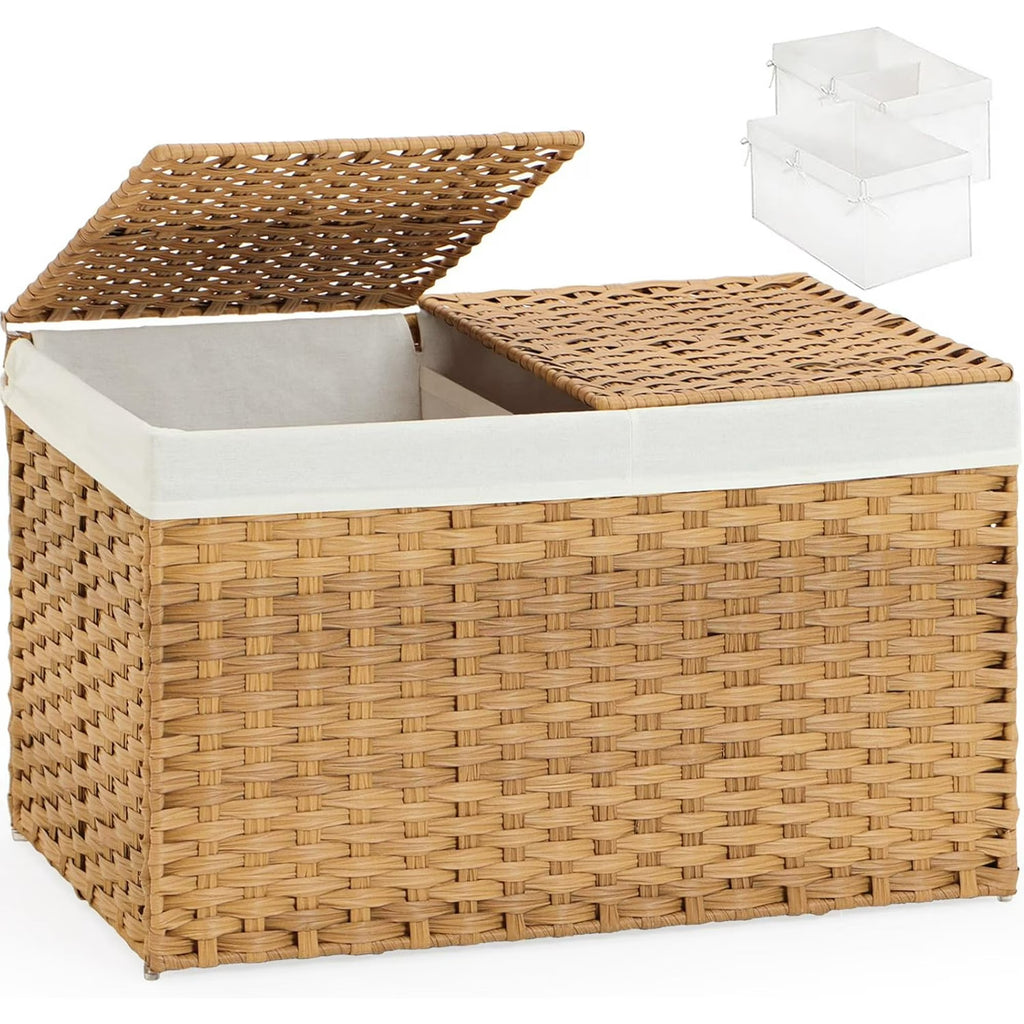 Storage Basket with Lid Wicker Baskets for Storage with 2 Separate Lid 42.3 Gallon (160 L) Rattan Storage Basket with 2 Liners and Handles Woven Storage Basket for Bedroom Laundry Natural