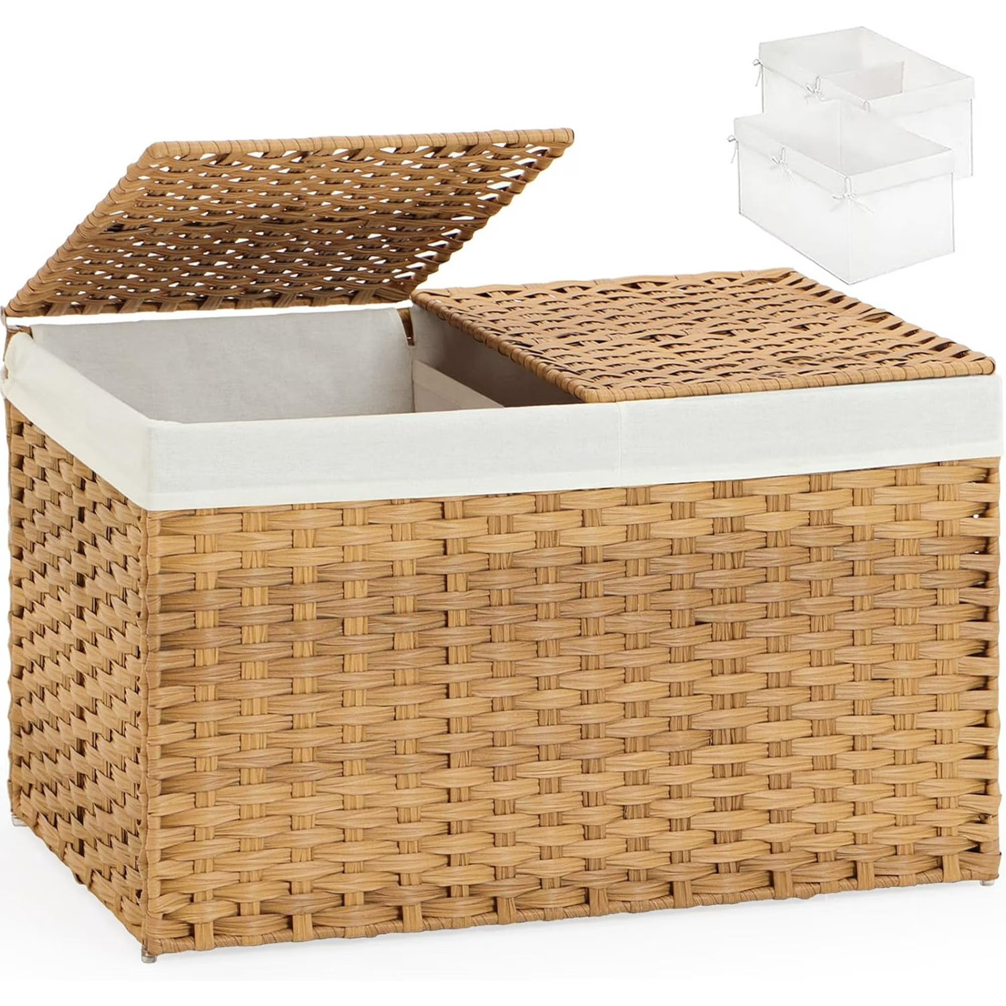 Storage Basket with Lid Wicker Baskets for Storage with 2 Separate Lid 42.3 Gallon (160 L) Rattan Storage Basket with 2 Liners and Handles Woven Storage Basket for Bedroom Laundry Natural