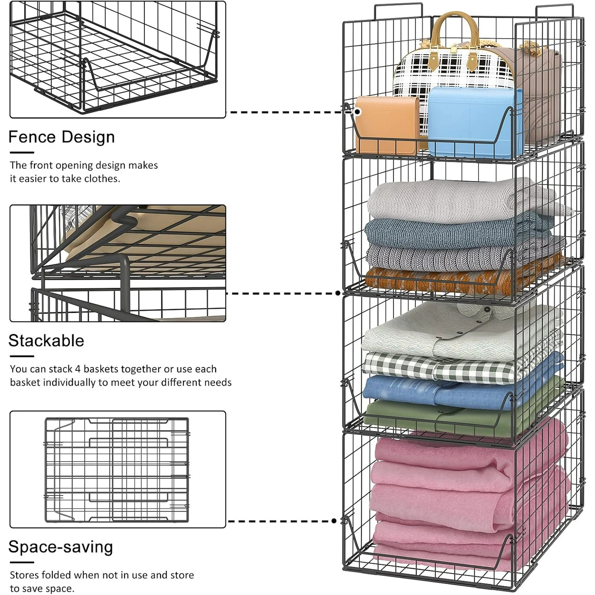 Stackable Closet Organizers 4 Pack, Metal Storage Bins, Black A7