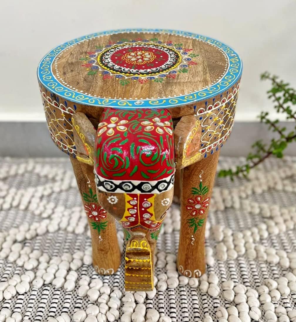 Wooden Elephant Stool Hand Painted Side Table Multicolor k7