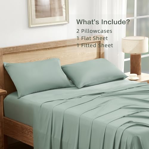 Queen Sheets Set, Cooling Bamboo Bedding, Deep Pocket, Dark Green K7