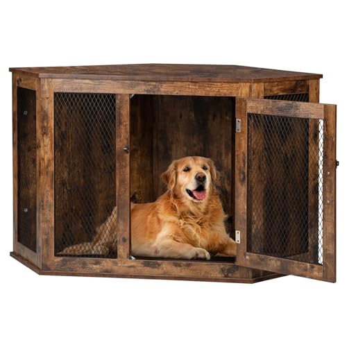 VITESSE Corner Dog Crate Furniture, 44/52inch Durable Wooden Dog Kennel End Table, Indoor Decorative Puppy Kennel with Metal Mesh, Heavy-Duty Pet House for Large Dogs with Portable Switch, TV Stand