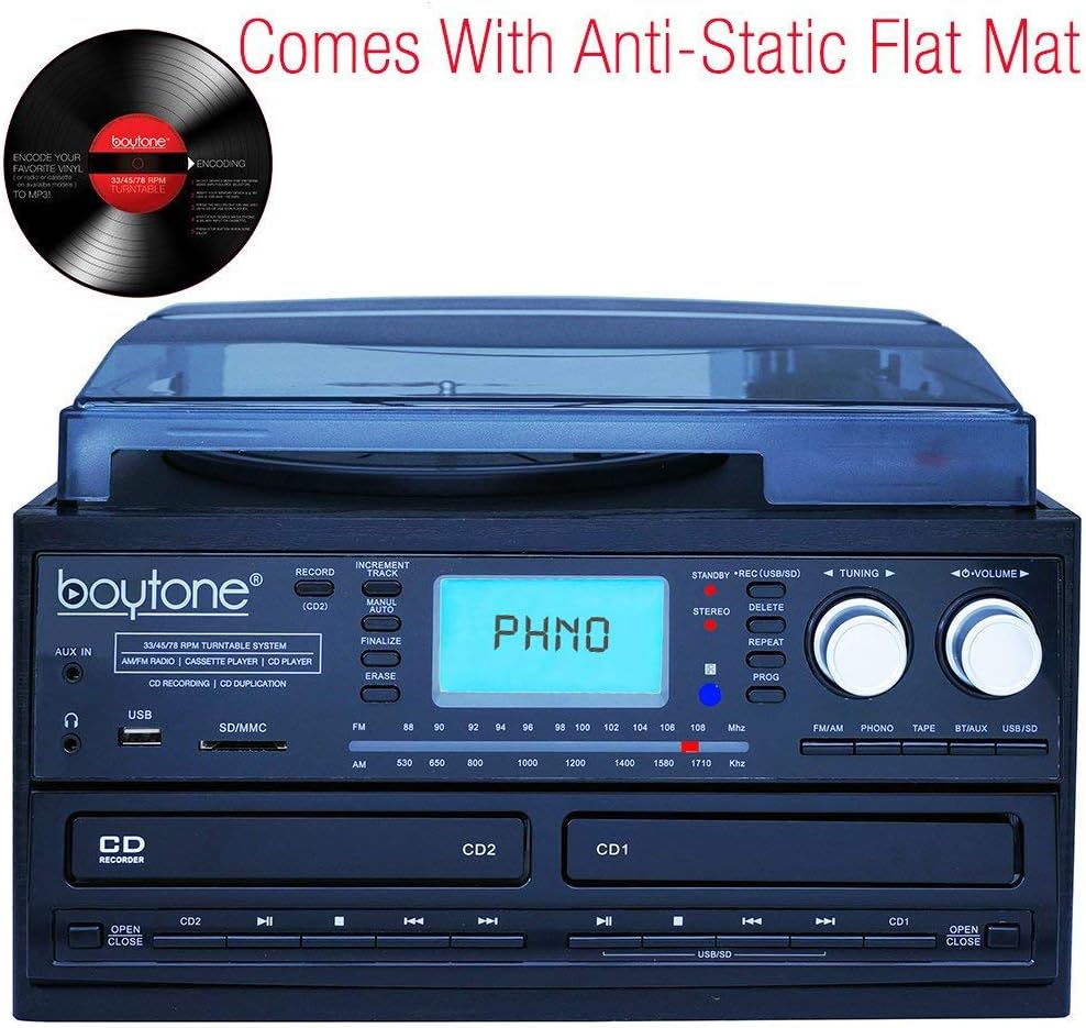 Bluetooth Dual CD Player Recorder Turntable with AM/FM Radio Cassette USB AUX k7