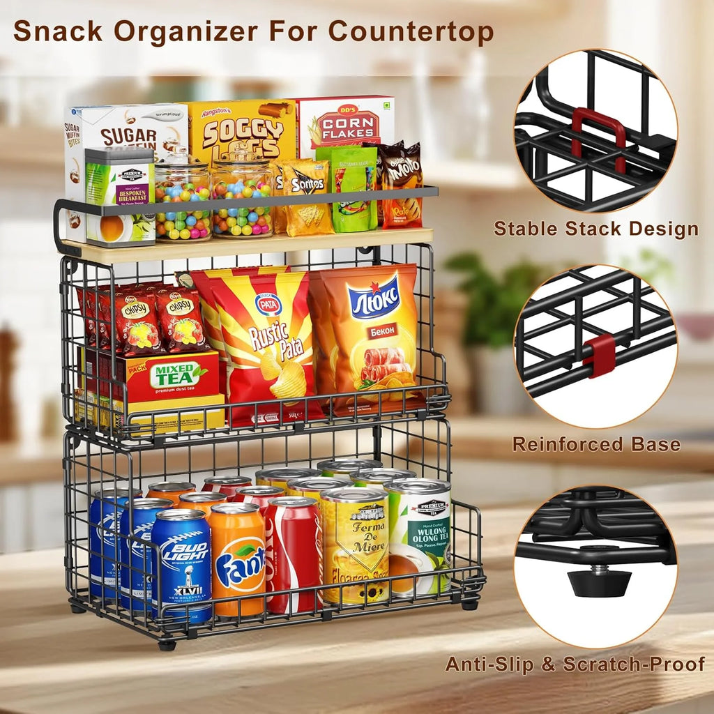 Tiered Snack Organizer with Wood Top, Metal Basket a7