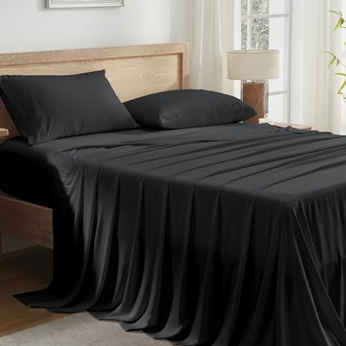 Queen Sheets Set, Cooling Bamboo Bedding, Deep Pocket, Dark Green K7