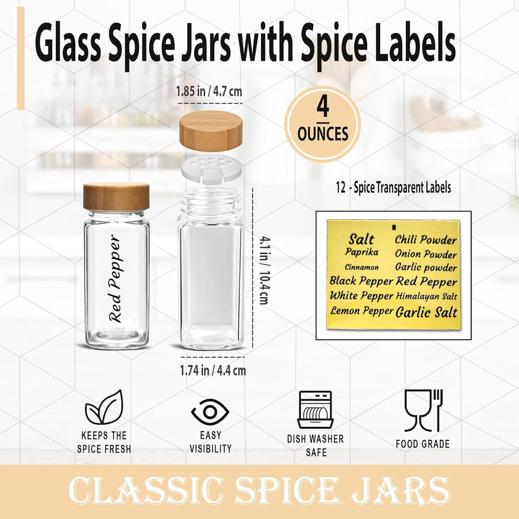Glass Spice Jars with Bamboo Lids 2-Pack 4oz Square Shaker Bottles k7
