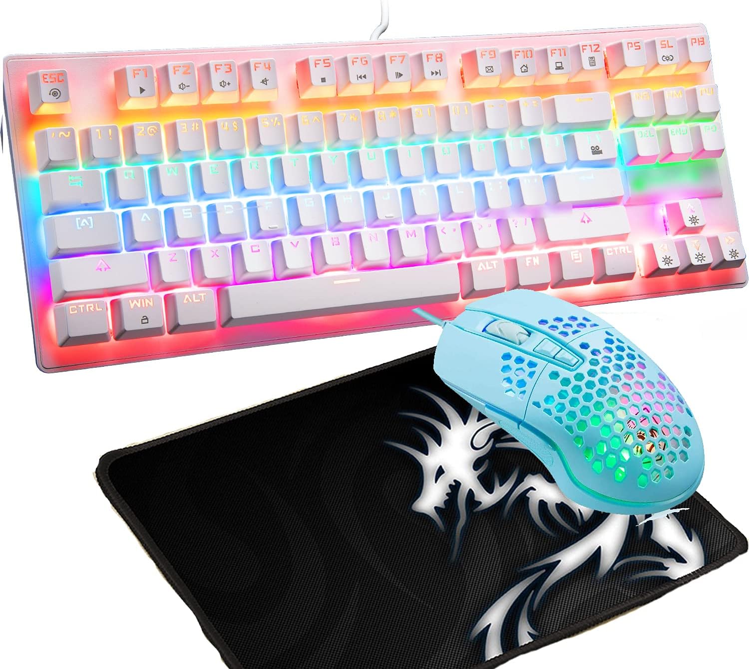 Wired Rainbow LED Backlit 87 Key Gaming Keyboard with Mouse and Pad k7