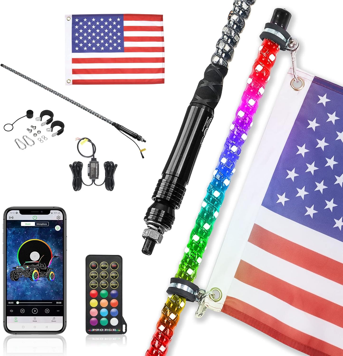 LED Whip Lights for UTV ATV Bluetooth, 366 Modes Spiral RGB, 2pcs 3ft a7