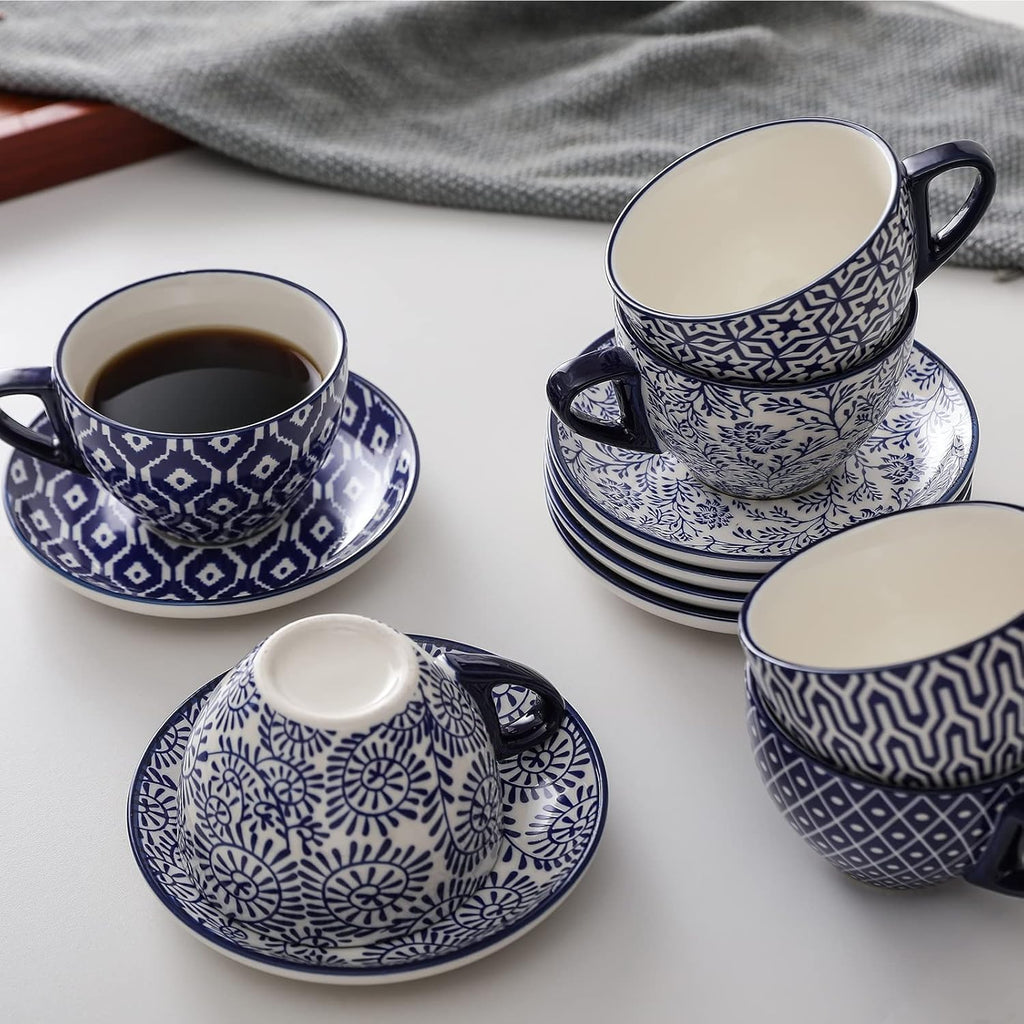 Ceramic Dinnerware Set 12 Piece with Saucers, Vintage Blue k7