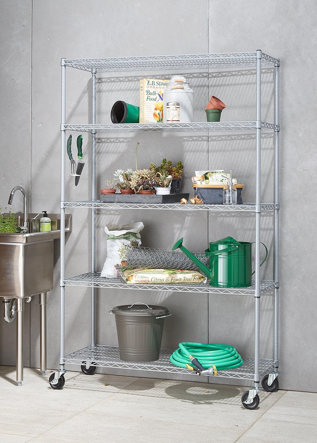 Heavy Duty 5-Tier Adjustable Wire Shelving with Wheels, Gray, 48" W x 18" D x 72-77" H k7
