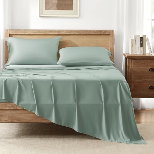 Queen Sheets Set, Cooling Bamboo Bedding, Deep Pocket, Dark Green K7