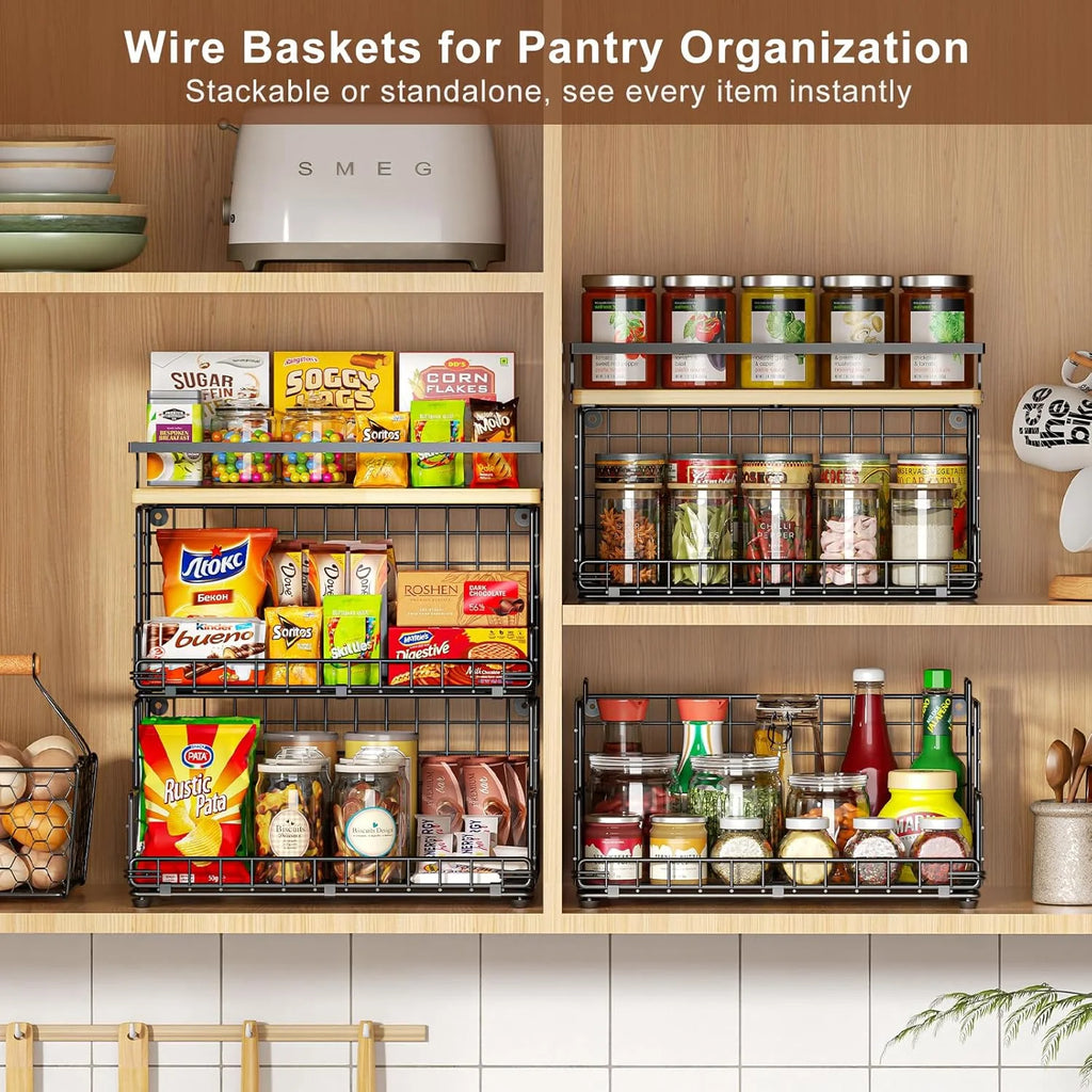 Tiered Snack Organizer with Wood Top, Metal Basket a7