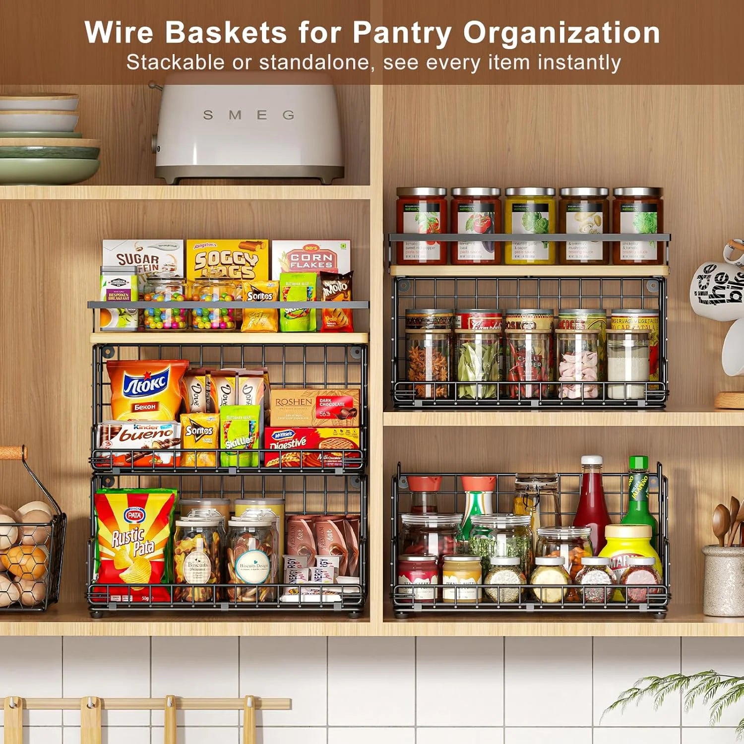 Tiered Snack Organizer with Wood Top, Metal Basket a7