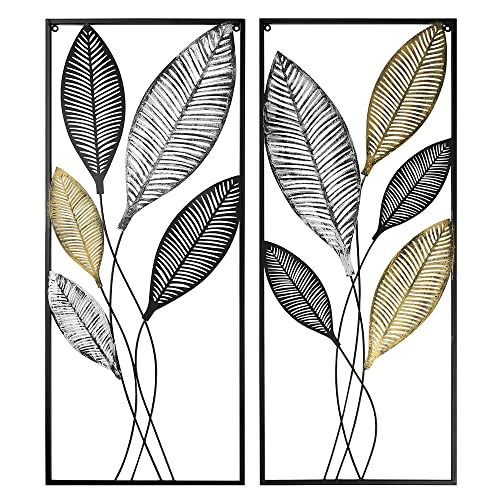 Metal Wall Decor Set of 2, Leaf Art Wall Hanging Home Decor with Frame, Tree of Life Accent Home Decor, Metal Wall Decoration Sculptures for Living Room, Office, Home, Hotel, Indoor, 14" W x 35" H