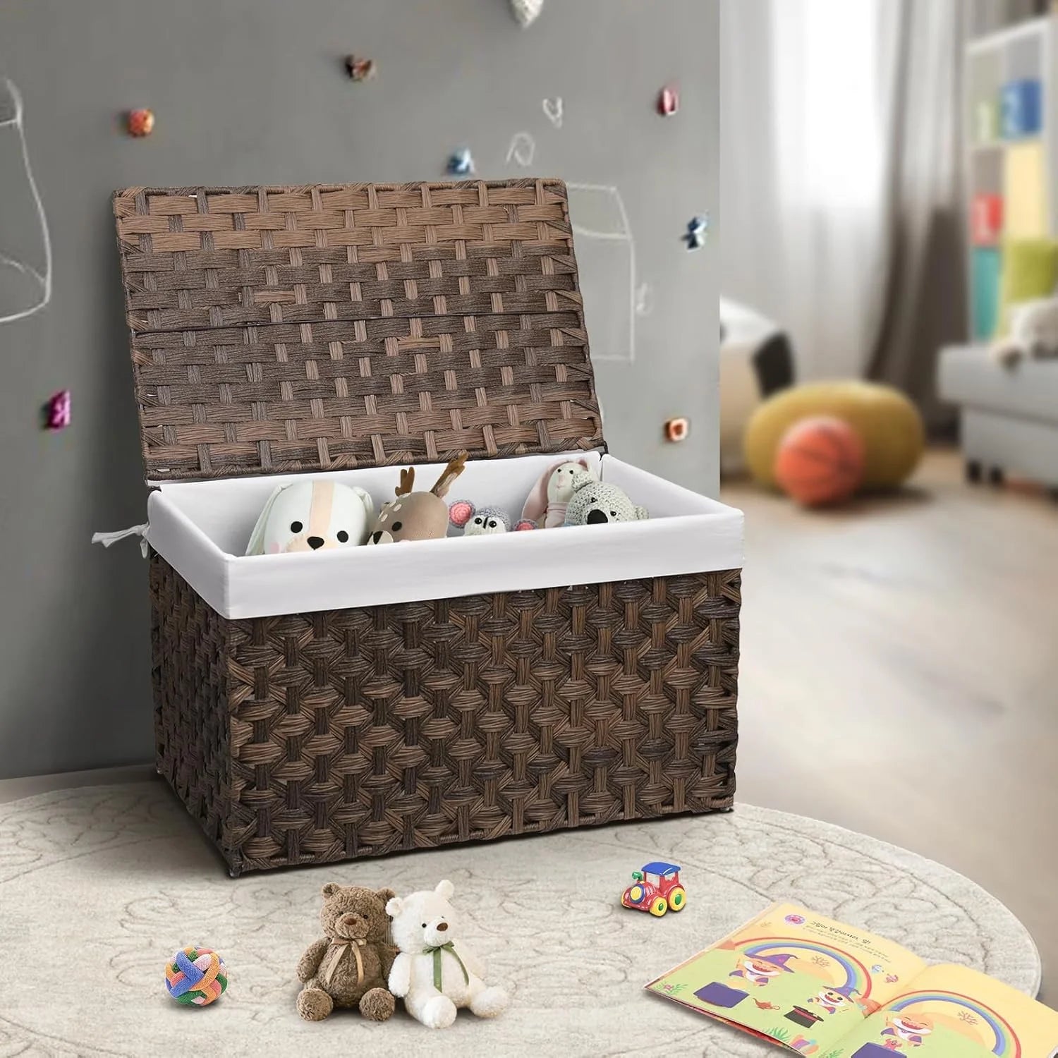 Wicker Storage Basket with Lid, 105L, Foldable, Brown K7m