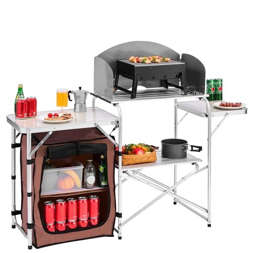Camping Kitchen Table, Folding Outdoor Cooking Table with Storage Bag, Aluminum Cook Station, Quick Set-up for Picnics, BBQ, RV Traveling Brown k7
