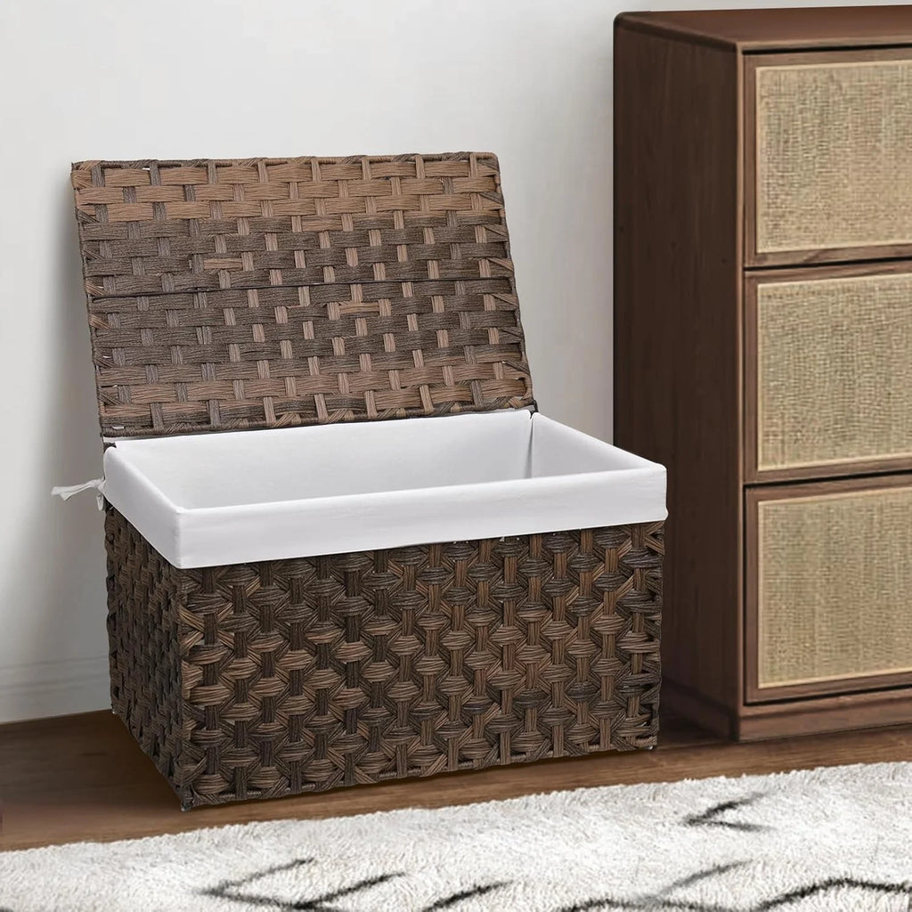 Wicker Storage Basket with Lid, 105L, Foldable, Brown K7m