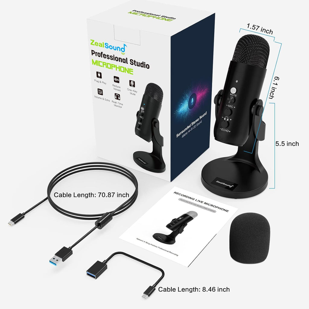 USB Condenser Mic for PC Gaming Podcast Black k7