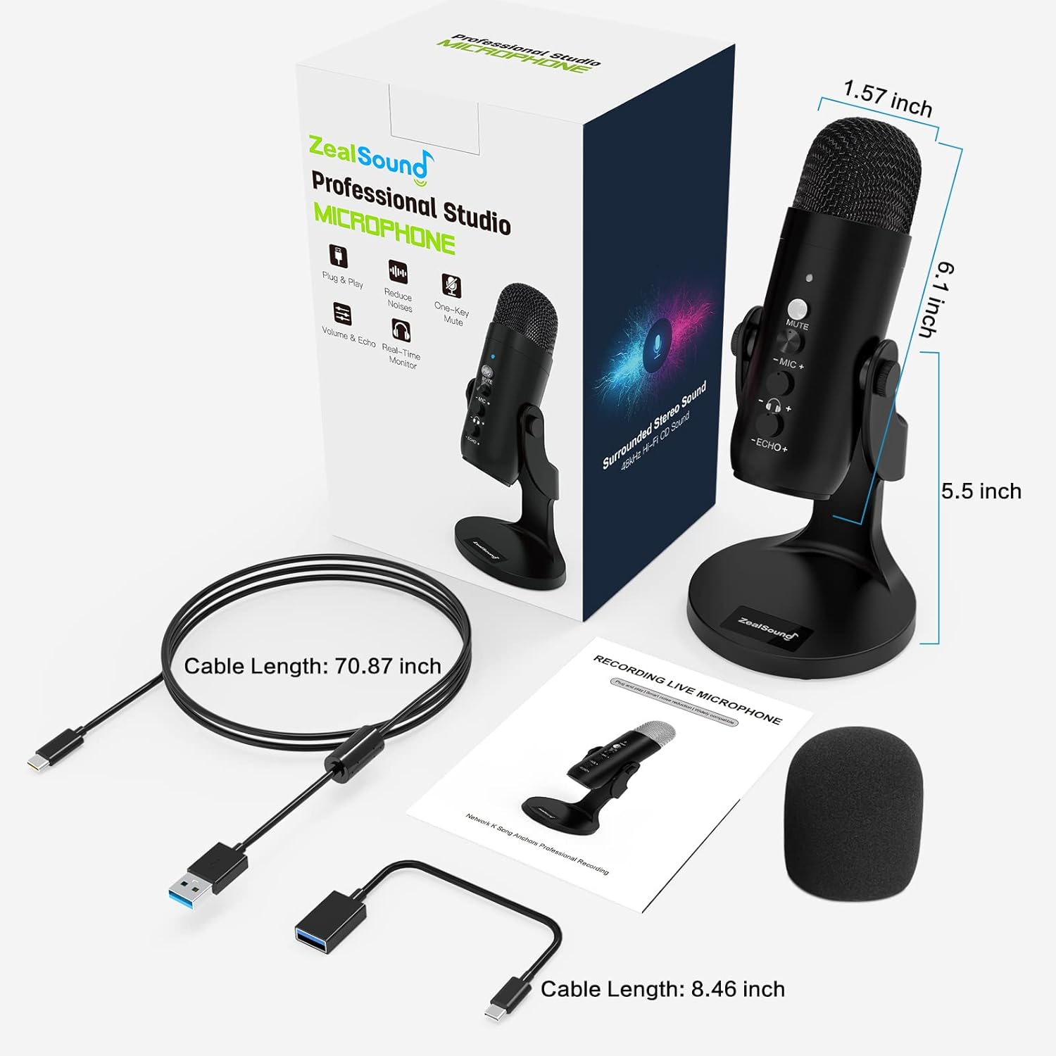 USB Condenser Mic for PC Gaming Podcast Black k7