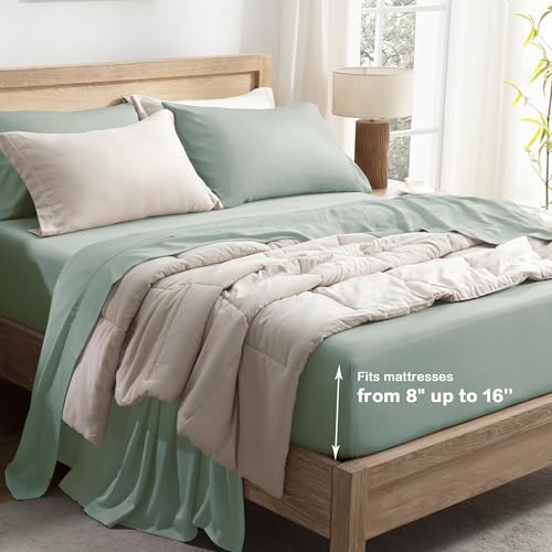 Queen Sheets Set, Cooling Bamboo Bedding, Deep Pocket, Dark Green K7